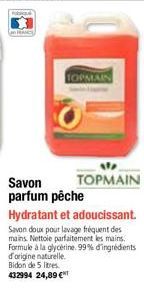 TOPMAIN  Savon parfum pêche  TOPMAIN  Hydratant et adoucissant. Savon doux pour lavage fréquent des mains Nettoie parfaitement les mains. Formule à la glycérine. 99% d'ingrédients d'origine naturelle.