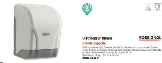 ROSSIGNOL  Distributeur Oleane  Grande capacité.  En ABS transparent gris. Ouverture frontale Visualisation de la consommation. Fixation murale 4 points. Verrouillage par serrure à clef plastique. Acc