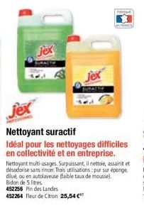 jex  jex  Nettoyant suractif  Idéal pour les nettoyages difficiles en collectivité et en entreprise. Nettoyant multi-usages. Surpuissant, il nettoie, assainit et désodorise sans rincer. Trois utilisat