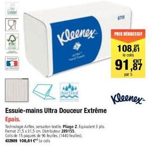 Kleenex  Essuie-mains Ultra Douceur Extrême  Epais.  Technologie Airflex, sensation textile Pliage Z Equivalent 3 plis.  Format 21,5 x 31,5 cm. Distributeur 289155.  Colis de 15 paquets de 96 feuilles