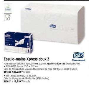 Essuie-mains Xpress doux Z  TORK Think ahead.  Pure ouate de cellulose, 2 pis, plié en Z Xpress, Qualité advanced. Distributeur H2. •Ref 600289. Format 25,5 x 21,2 cm.  Colis de 21 paquets (3 sous con