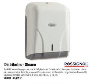 Distributeur Oleane  En ABS. Venouillage par serrure à clef plastique. Ouverture frontale pour la mise en place des essuie-mains. Accepte jusque 400 essuie-mains enchevétrés. Large fenêtre de contrôle