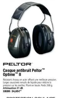 peltor  casque antibruit peltor" optime™ ii  résistant, arceau en acier offrant une meilleure pression. larges coussinets remplis de liquide pour réduire la pression sur les oreilles. pliant en boule.