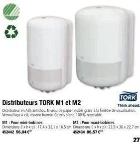 tork  distributeurs tork m1 et m2  think ahead.  distributeur en abs antichoc. niveau de papier visible grace à la fenêtre de visualisation. verrouillage à clé, visserie fournie. coloris blanc. 100% r