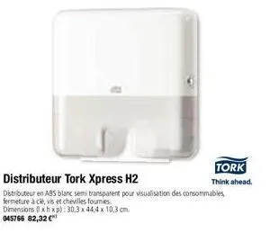 distributeur tork xpress h2  distributeur en abs blanc semi transparent pour visualisation des consommables fermeture à clé, vis et chevilles fournies  dimensions lxhxp): 30,3x44,4 x 10,3 cm. 045766 8