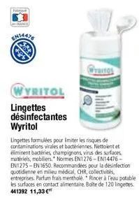 pratos  wyritol  lingettes désinfectantes wyritol  lingettes formulées pour limiter les risques de contaminations virales et bactériennes. nettoient et éliminent bactéries, champignons, virus des surf