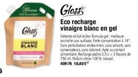 Gloss  VINAIGRE  BLANC  Gloss  Eco recharge vinaigre blanc en gel  Détarte et fait briller Formule gel: meilleure accroche aux surfaces. Forte concentration à 14 Sans perturbateur endocrinien, sans so