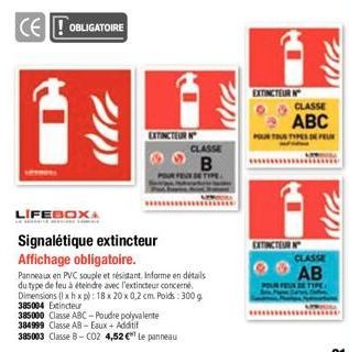 EXTINCTEUR  385000 Classe ABC-Poudre polyvalente 384999 Classe AB-Eaux + Additif  385003 Classe B-C02 4,52 € Le panneau  CLASSE  B  STIPE  LIFEBOXA  Signalétique extincteur  Affichage obligatoire.  Pa