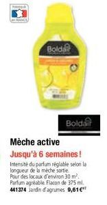 RANCE  Boldair  Boldair  Mèche active Jusqu'à 6 semaines!  Intensité du parfum réglable selon la longueur de la mèche sortie  Pour des locaux d'environ 30 m². Parfum agréable Flacon de 375 ml.  441374