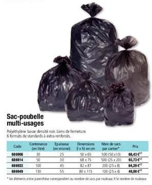 sac-poubelle multi-usages  polyéthylène basse densité noir. liens de fermeture  6 formats de standards à extra-renforcés.  code  686906  686914  686922  686949  contenance epaisseur (en litre) (en mic