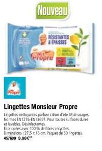 Propre  Lingettes Monsieur Propre  Lingettes nettoyantes parfum citon d'été. Muli-usages Normes EN 1276-EN13697. Pour toutes surfaces dures et lavables. Désinfectantes.  Fabriquées avec 100% de fibres