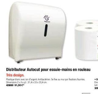1  Distributeur Autocut pour essuie-mains en rouleau  Très design.  Plastique blanc avec ion d'argent. Antibactrien. Se fixe au mur par fixations fournies Dimensions (xhxp): 31,4 x 33 x 20,4 cm. 42608