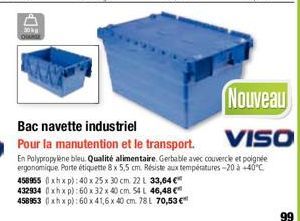 D  30kg  Nouveau  VISO  En Polypropylene bleu. Qualité alimentaire. Gerbable avec couvercle et poignée ergonomique. Porte étiquette 8 x 5,5 cm. Résiste aux températures-20 à +40°C 458955 (xhxp):40 x 2