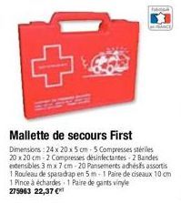 Mallette de secours First  Dimensions: 24 x 20 x 5 cm-5 Compresses stériles 20 x 20 cm-2 Compresses désinfectantes-2 Bandes extensibles 3 mx 7 cm-20 Pansements adhésis assortis 1 Rouleau de sparadrap 