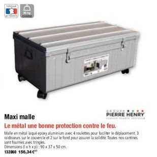 BROUSELL PIERRE HENRY  Le métal une bonne protection contre le feu.  Malle en métal laqué epoxy aluminium avec 4 roulettes pour faciliter le déplacement. 3 raidisseurs sur le couvercle et 2 sur le fon