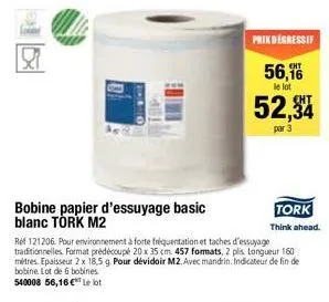 x  bobine papier d'essuyage basic blanc tork m2  prix degressif  56,16  le lot  52,34  par 3  tork think ahead.  ref 121206. pour environnement à forte fréquentation et taches d'essuyage traditionnell