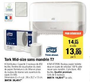 Tork Mid-size sans mandrin  Distributeur. Capacité 2 rouleaux de 450 feuilles. Fenêtre de visualisation du stock de papier Fermeture à dé. Mise en place du rouleau de réserve sans ouverture du capot. 