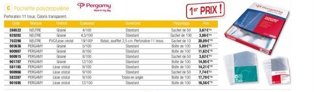 C Pochette polypropylène Pergamy  More  Perforation 11 trous Coloris transparent.  Code Marque  286522 NEUTRE 929202 NEUTRE 702298 NEUTRE PVC/Lisse cristal  903636 PERGAMY  900907 PERGAMY  900915 PERG