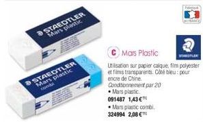 STAEDTLER Mars plastic  STAEDTLER Mars plastic combi  Mars Plastic  Utilisation sur papier calque, fim polyester  et films transparents. Côté bleu: pour encre de Chine  Conditionnement par 20 • Mars p