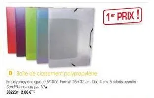 boîte de classement polypropylène  en polypropylene opaque 5/1006. format 26 x 32 cm. dos 4 cm. 5 coloris assortis. conditionnement par 10  382231 2,06 €ttc  1er prix! 