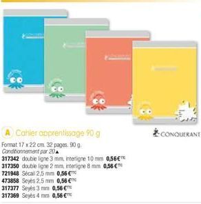 Cahier apprentissage 90 g  Format 17 x 22 cm. 32 pages. 90 g. Conditionnement par 20  317342 double ligne 3 mm, interligne 10 mm 0,56€™ 317350 double ligne 2 mm, interligne 8 mm 0,56 €  721948 Sécail 