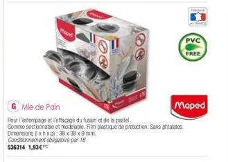 that  mie de pain  pour l'estompage et l'effaçage du fusain et de la pastel.  gomme sectionnable et modelable. film plastique de protection. sans phtalates  dimensions (xhxp): 38 x 38 x 9 mm condition