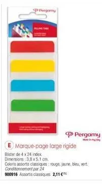 pergomy  e marque-page large rigide  bister de 4 x 24 index. dimensions: 3,8 x 5,1 cm.  coloris assortis classiques : rouge, jaune, bleu, vert. conditionnement par 24  900916 assortis classiques 2,11 