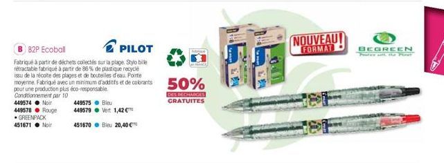 Conditionnement par 10  82P Ecoball  PILOT  Fabriqué à partir de déchets collectés sur la plage. Stylo bille rétractable fabriqué à partir de 86% de plastique recyclé issu de la récolte des plages et 