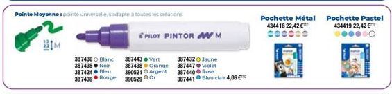 Pointe Moyenne : pointe universelle s'adapte à toutes les créations  387430 Blanc 387443. Vert  387435 Noir  387424 Bleu  387439 Rouge 390529 Or  PILOT PINTOR M  387432 Jaune  387438 Orange 387447 Vio