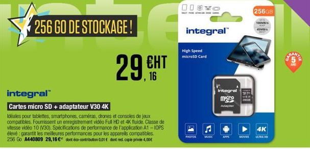 256 GO DE STOCKAGE!  integral  Cartes micro SD + adaptateur V30 4K  idéales pour tablettes, smartphones, caméras, drones et consoles de jeux compatibles. Fournissent un enregistrement vidéo Full HD et