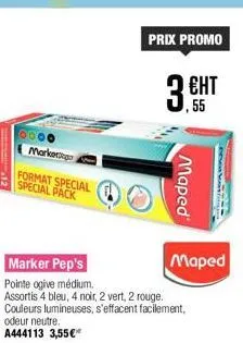 marker  format special special pack  prix promo  marker pep's  pointe ogive médium.  assortis 4 bleu, 4 noir, 2 vert, 2 rouge. couleurs lumineuses, s'effacent facilement,  odeur neutre. a444113 3,55€*