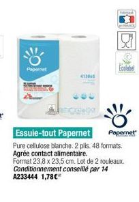 Papernet  413065  Ecolabel  Essuie-tout Papernet  Pure cellulose blanche. 2 plis. 48 formats. Agrée contact alimentaire. Format 23,8 x 23,5 cm. Lot de 2 rouleaux. Conditionnement conseillé par 14 A233