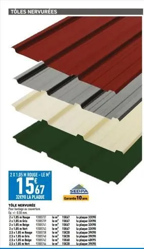 tôles nervurées  2 x 1,05 m rouge-le m²  1567  32€90 la plaque  tôle nervurée  pour bardage couverture +-0.50 mm  21.05 rouge 2057301544y  2x1,05m gri  sedpa  garantie 10 ans  la plaque 32090  1547  2