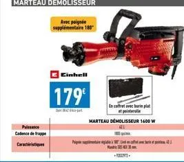 puissance cadence de trappe  caractéristiques  marteau démolisseur  avec poignée supplémentaire 180  cinhell  179€  en coffret avec burin plat  marteau démolisseur 1600 w  m  lightq1  t 