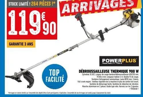 stock limite! 264 pièces !*  11990  garantie 3 ans  top facilité  powerplus  high quality tools  débroussailleuse thermique 900 w  cylindrée 32.5cc. largeur de coupe bordure/débroussailleuse 420/255 m