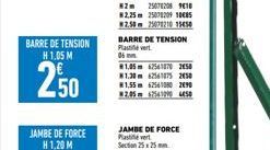 BARRE DE TENSION H 1.05 M  2,50  BARRE DE TENSION Plas vert 06mm  #1,05m 62541870 2450 1.30m 62541875 2450 #1,55m 62561080 20⁹0 #2.05 $7541000 450  JAMBE DE FORCE Plastie vert Section 25x25mm 