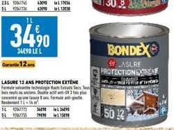 Garantie 12 ans  11  34,⁹0  34€90 LE L  LASURE 12 ANS PROTECTION EXTÉME  bois neus os anciens Double actif anti-UV 3 fois plus concentre que lasury 8 ans. Formule anti-goutte Rendement 11-14  3490  79