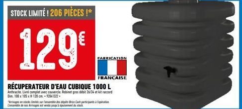 STOCK LIMITÉ! 206 PIÈCES !*  129€  RÉCUPERATEUR D'EAU CUBIQUE 1000 L  Anthracite. Live complet avec couvercle. Robinet gros débit 26/34 et kit raccord Dim. 100 x 105 x H 120 cm.-92061322- "Aages stock