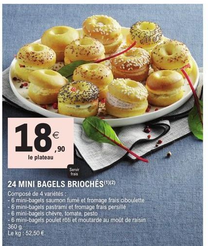 18%  ,90  le plateau  Servir frais  360 9.  Le kg: 52,50 €.  24 MINI BAGELS BRIOCHÉS(¹)(2)  Composé de 4 variétés:  6 mini-bagels saumon fumé et fromage frais ciboulette  - 6 mini-bagels pastrami et f