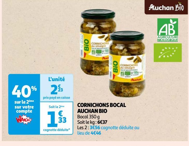 CORNICHONS BOCAL AUCHAN BIO