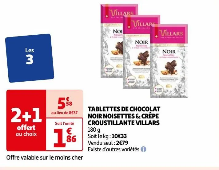 tablettes de chocolat noir noisettes & crêpe croustillante villars