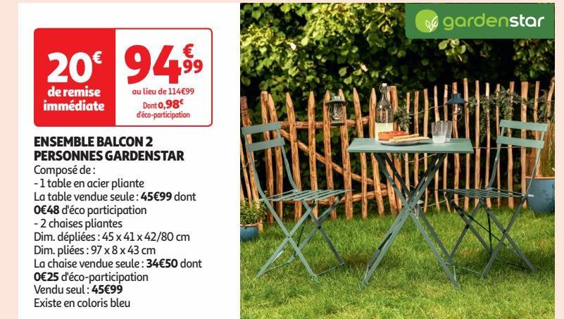 ENSEMBLE BALCON 2 PERSONNES GARDENSTAR