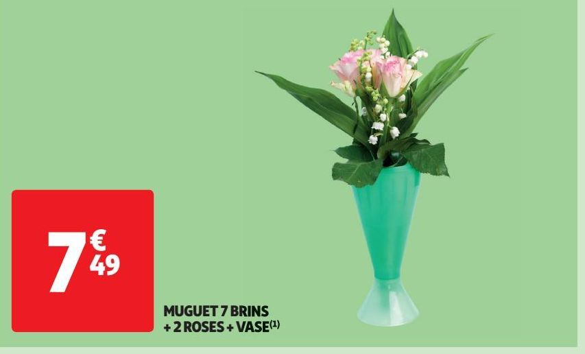 MUGUET 7 BRINS + 2 ROSES + VASE