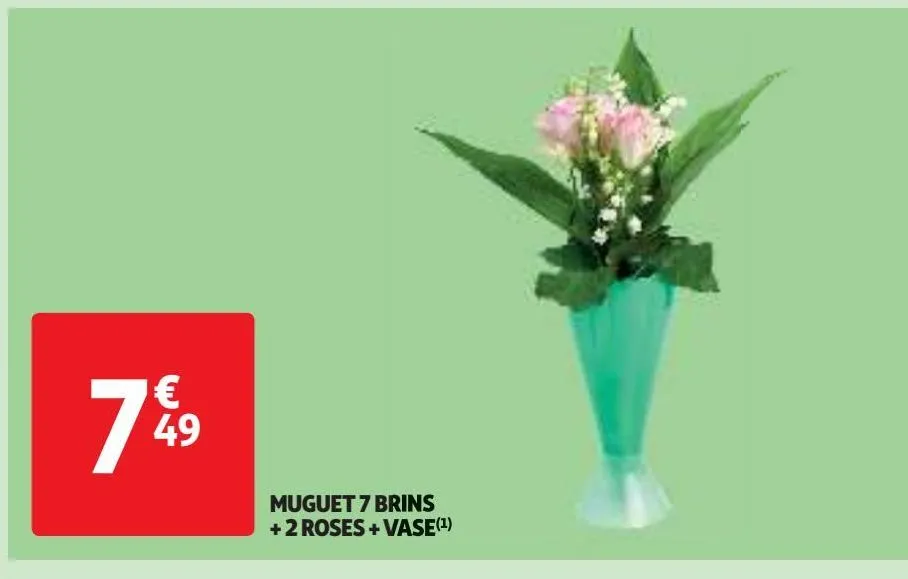  muguet 7 brins + 2 roses + vase