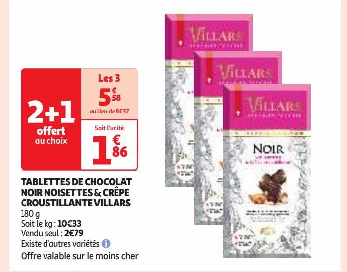 TABLETTES DE CHOCOLAT NOIR NOISETTES & CRÊPE CROUSTILLANTE VILLARS