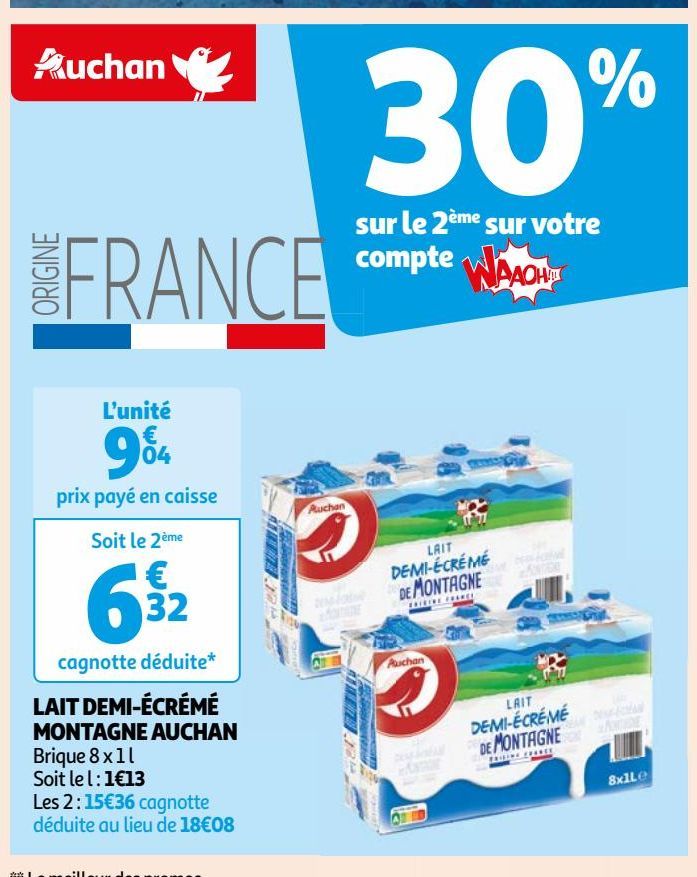 LAIT DEMI-ÉCRÉMÉ MONTAGNE AUCHAN 