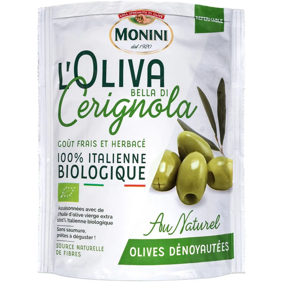 olives vertes dénoyautées bio monini 