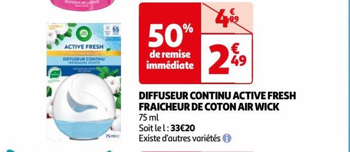 DIFFUSEUR CONTINU ACTIVE FRESH FRAICHEUR DE COTON AIR WICK 