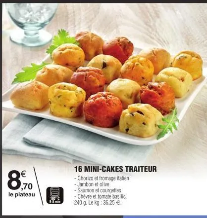 8.70  €  le plateau  8  180 c  5-8 min  16 mini-cakes traiteur  - chorizo et fromage italien  - jambon et olive  - saumon et courgettes  - chèvre et tomate basilic.  240 g. le kg: 36,25 €. 