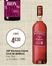 bdx revon  ying tion  l'unité  4€30  adp bordeaux-clairet  cave de quinsac  75 cl  un 3 lits-1390  cara  a claire 